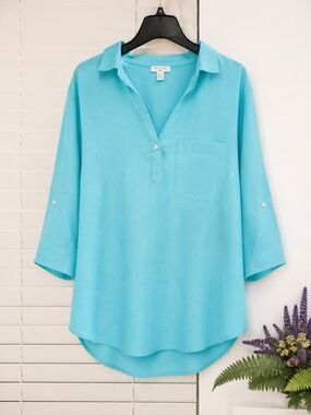 Saint Tropez West Aqua Linen Blend Popover Tunic Top 1X